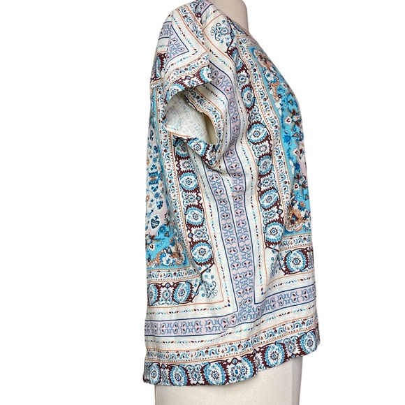 Sundance Split Back Tunic Top Boho Print Short Sleeve Beaded Neckline Sz Medium - Picture 3 of 6